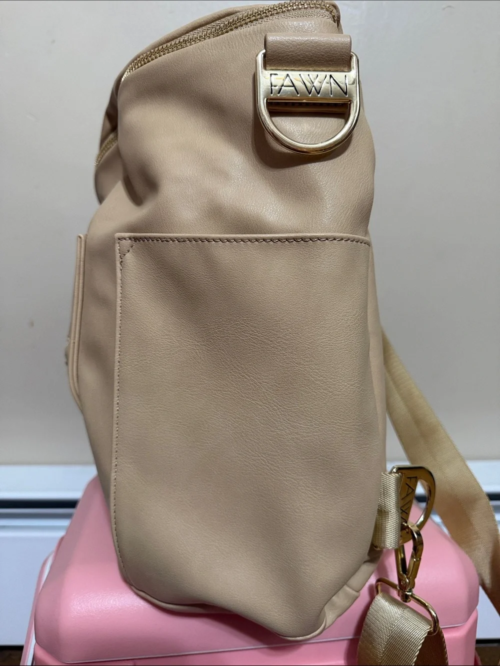 Fawn Design Taupe Leather Backpack Purse with Gold Hardware